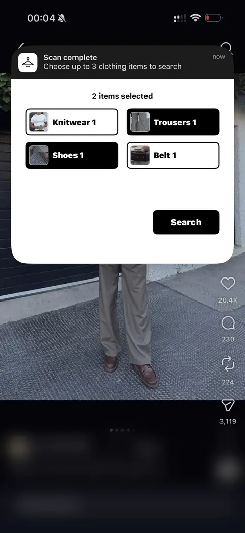 ModaScout listing the clothing items found in the image, with two selected
