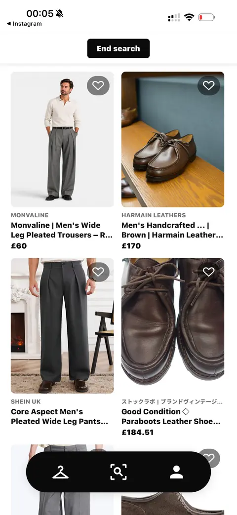 Search results showing matching products with retailer names and prices