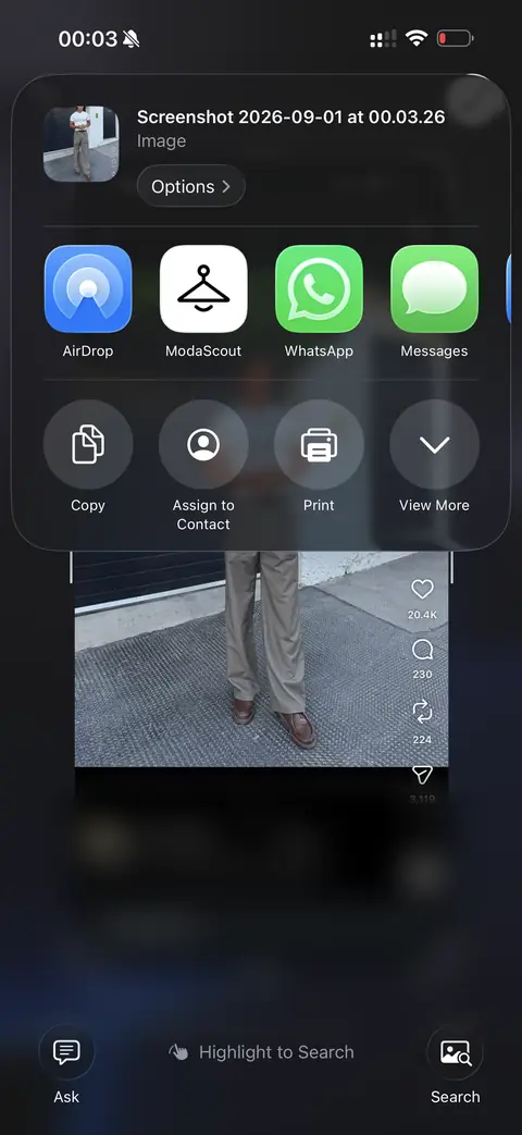 The iOS share sheet with ModaScout listed alongside AirDrop, WhatsApp and Messages
